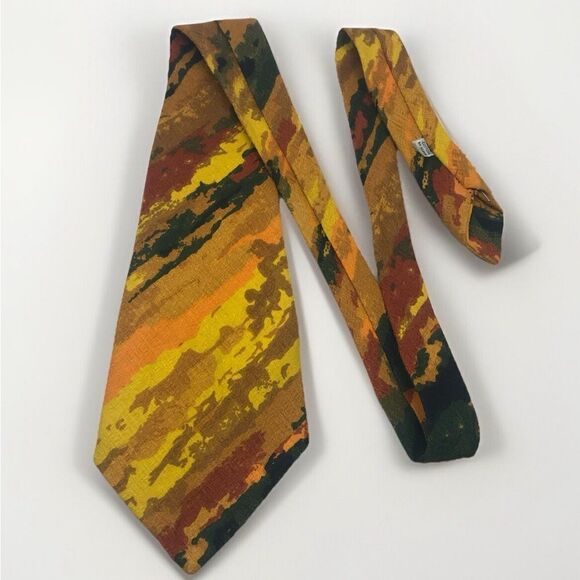 Vintage Hawaiian Bark Cloth Retro 60s 70s Neck Tie abstract Brown Orange Yellow - Picture 7 of 7